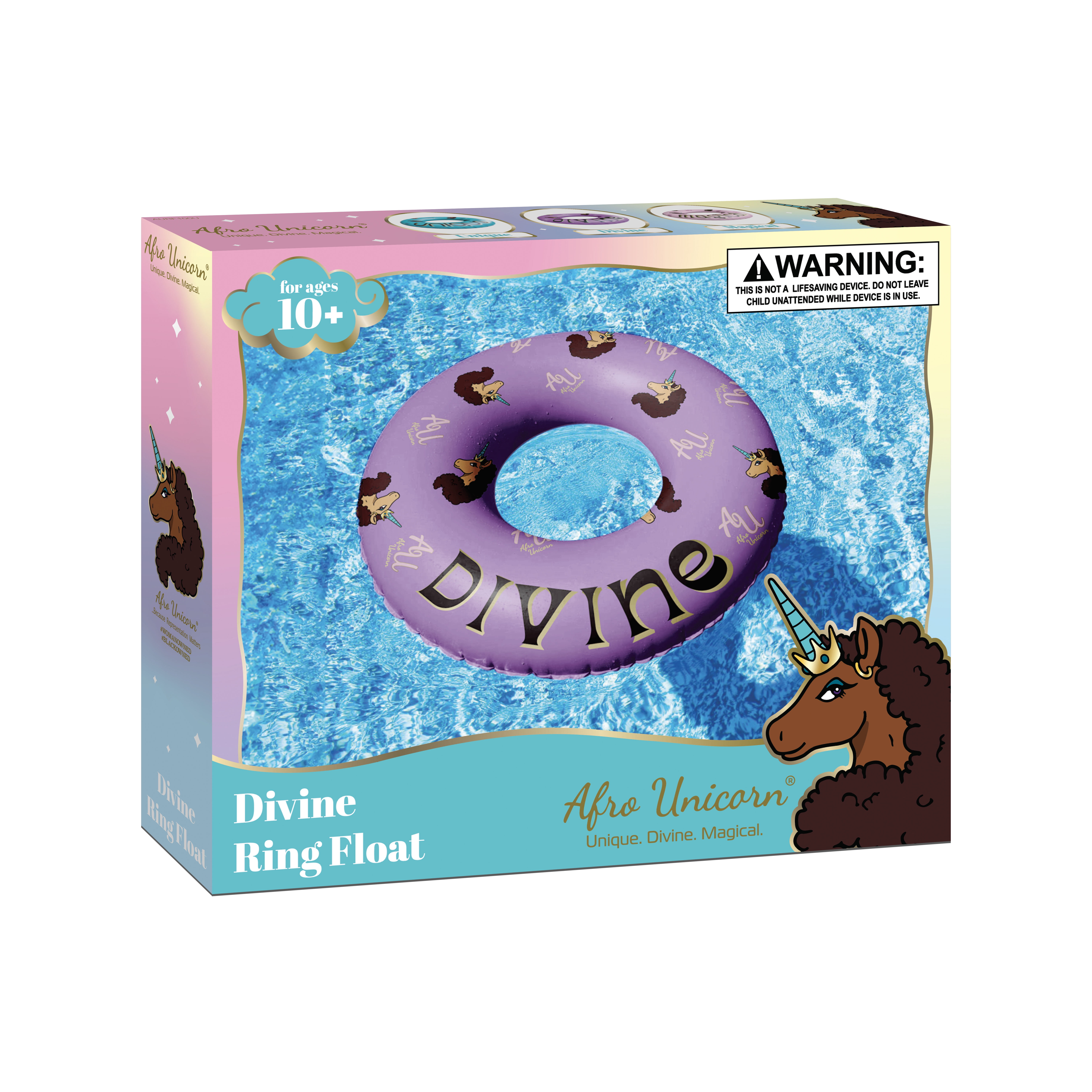 Afro Unicorn 39-Inch "Divine" Unicorn Inflatable Swim Ring Float for Pool, Beach, Lake Water Play (Purple)
