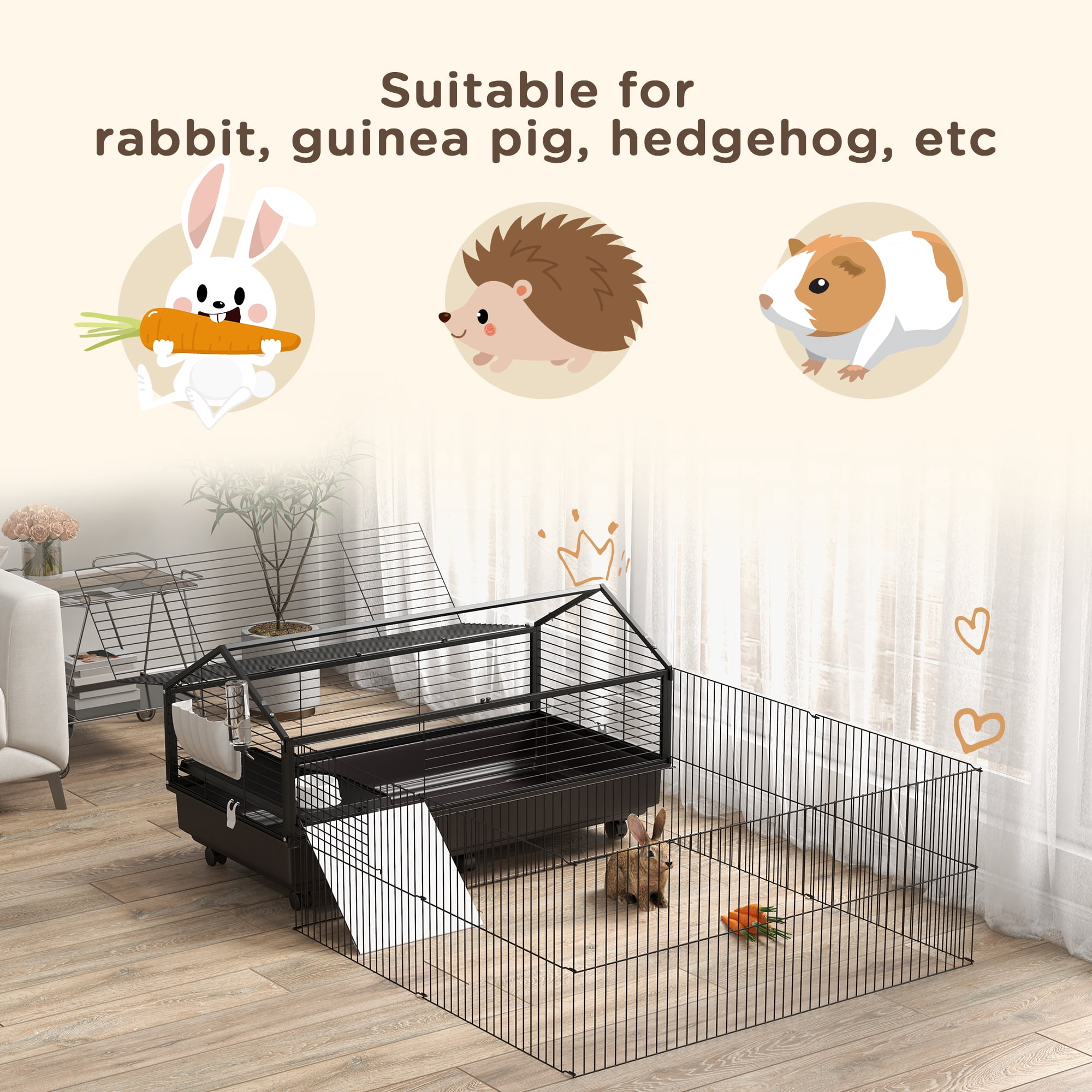 Small Animal Cage with Foldable Run Area, Rolling Bunny Cage, Guinea Pig Cage, Hedgehog Cage with Water Bottle, Water Bowl, and Ramps, 46.5"