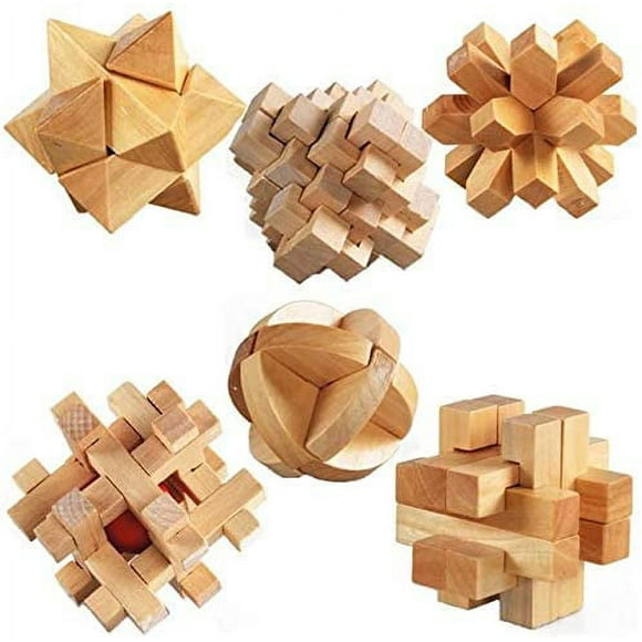 3D Wooden Cube Brain Teaser Puzzle 6 pcs, IQ Puzzles Great Educational Intelligence Jigsaw Puzzles Toys for Adult Children - Challenge Your Logical Thinking