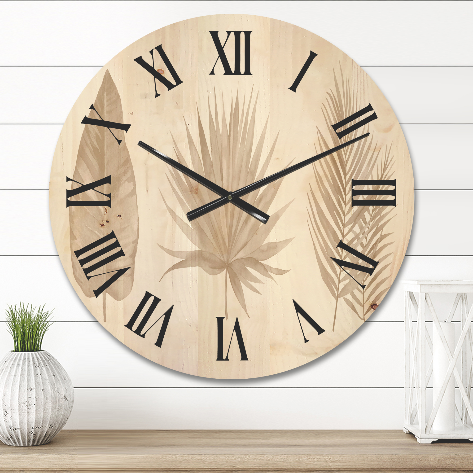 Designart 'Tropical Beiges Leaves On White' Traditional Wood Wall Clock