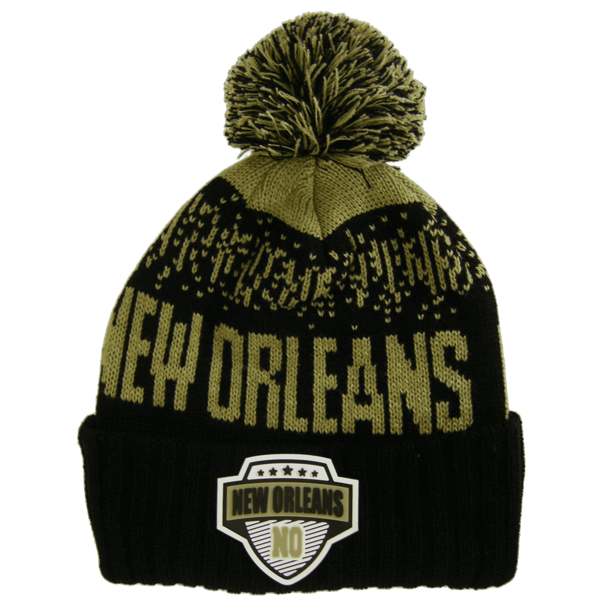 New Orleans City Name Rubber Patch Ribbed Winter Knit Pom Beanie (Khaki/Black)