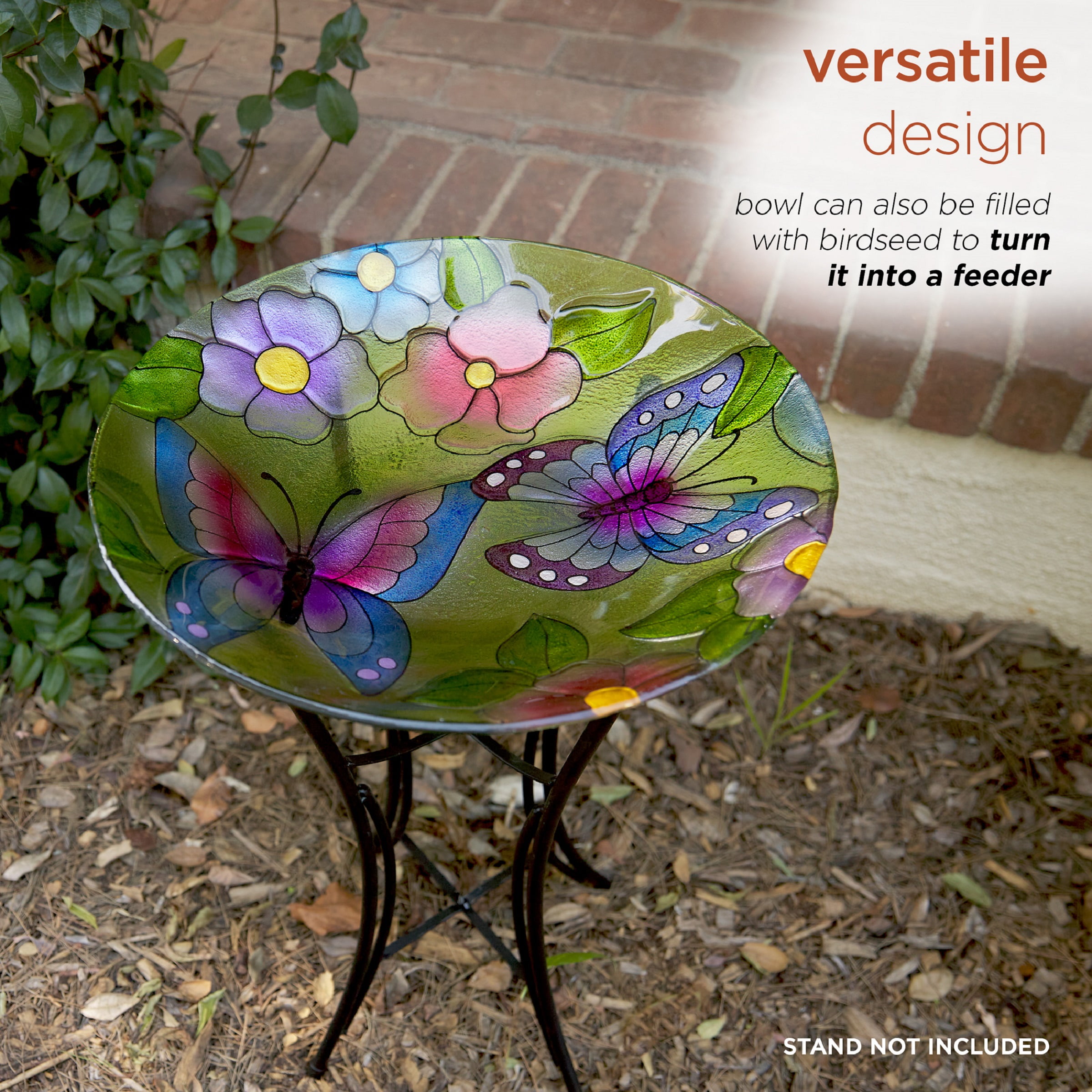 Alpine Corporation 18" Floral Butterfly Painted Glass Birdbath Bowl, Multicolor