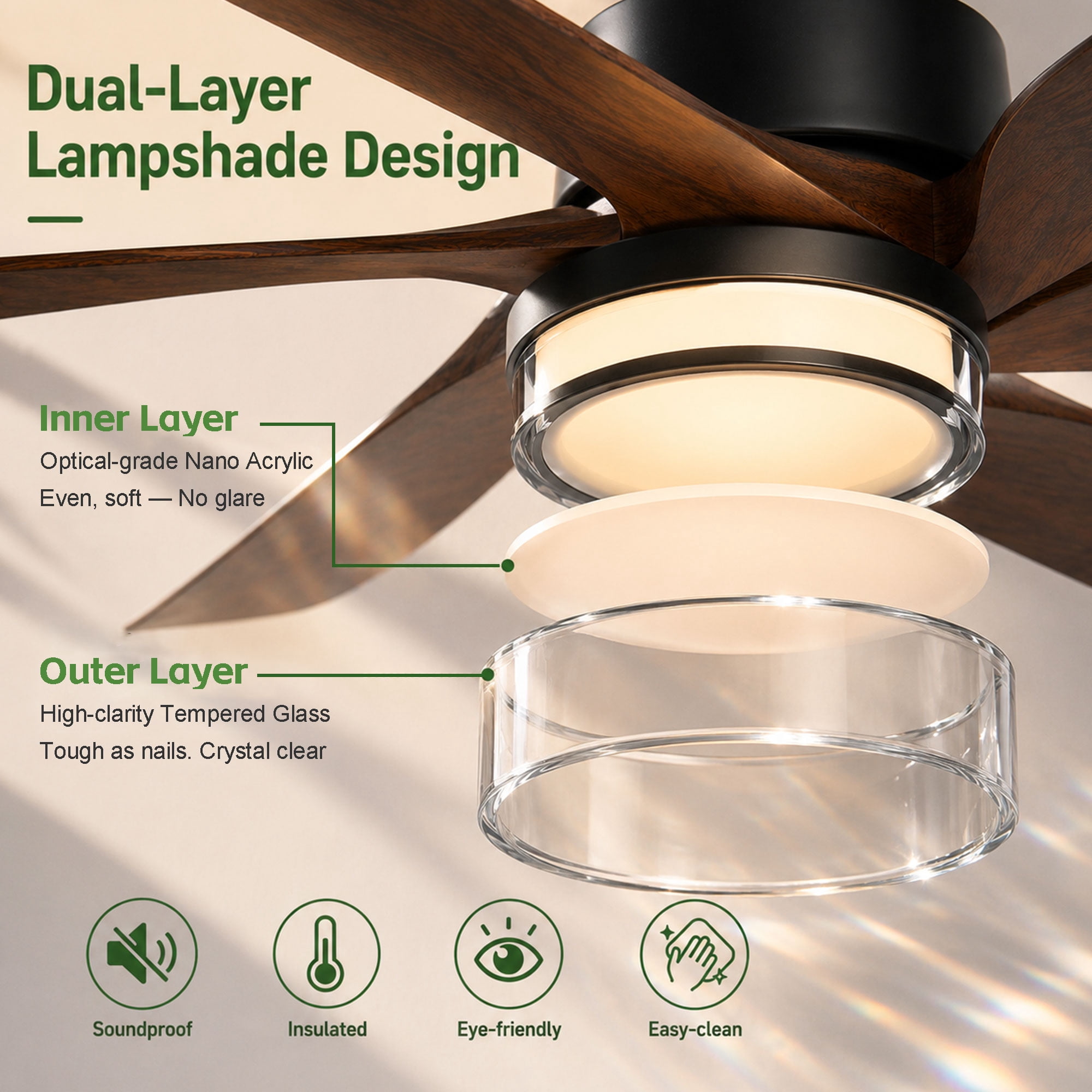 64 inch Farmhouse Ceiling Fans with Light and Remote, 6 ABS Blades Damp Rated Outdoor Patios Fan Works with Alexa Tuya App, Dula-Layer Lampshade