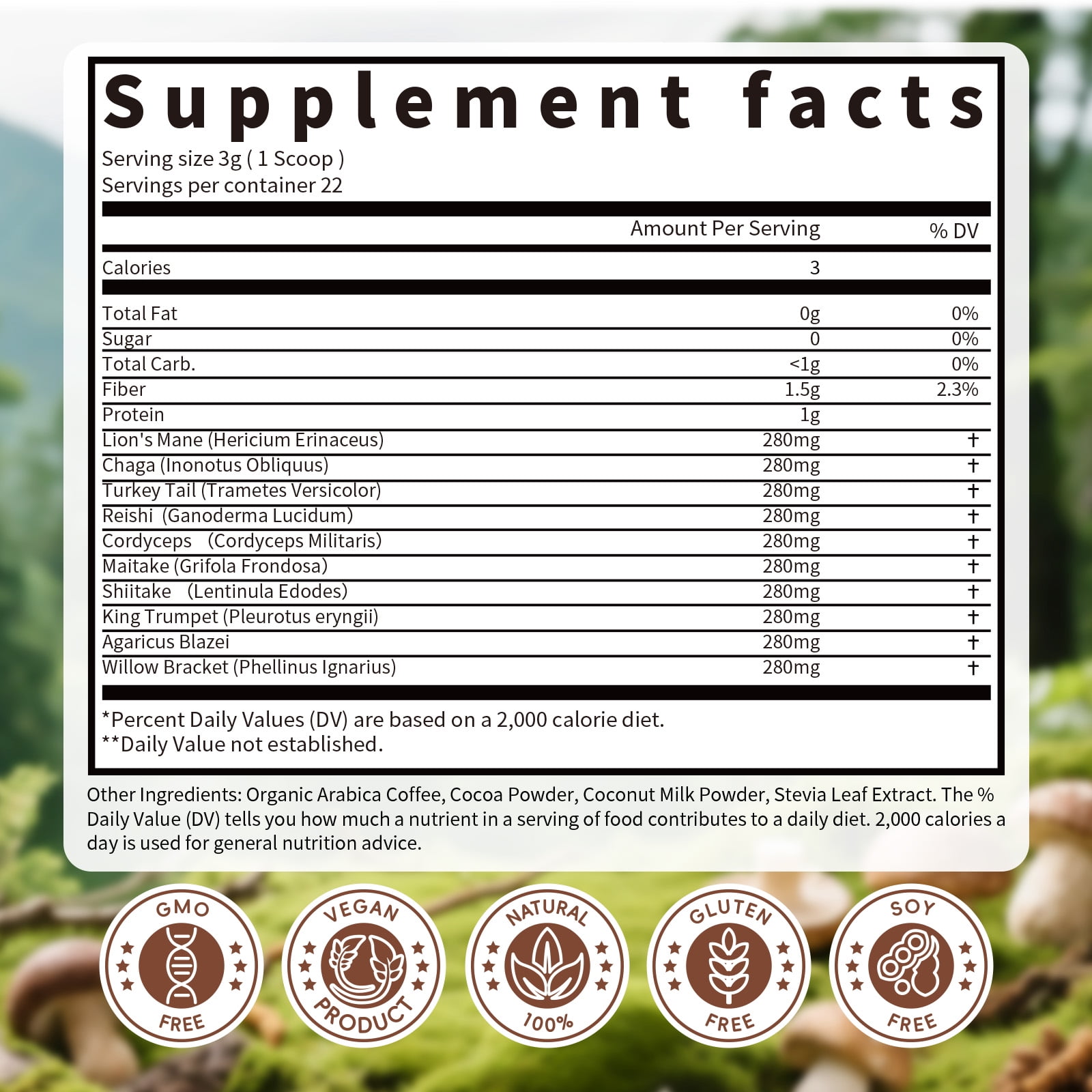 Mushroom Coffee Powder, Organic Instant Coffee, Mushroom Blend Complex Supplement for Focus & Memory,Brain, 2.5Oz(70g)