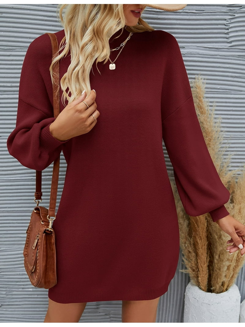 Yogafox Women's Fall Oversized Turtleneck Lantern Sleeve Casual Knit Mini Dress Wine M, Size: Medium, Red