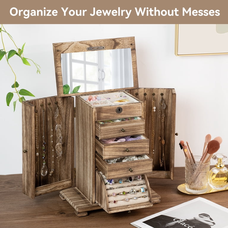 Sfugno 4-Layer Wooden Jewelry Box with Lock and Mirror photo 7