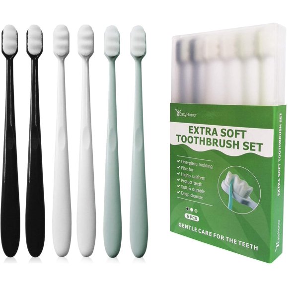 EasyHonor Extra Soft Toothbrush For Sensitive Gums, Micro-Nano Manual Toothbrush with 20000 Soft Floss Bristles 6 packs(white bristles)