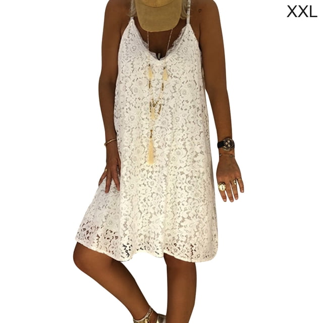 Vestido de mujer con cuello en V, ropa de verano de encaje, vestido sin mangas sexy de talla grande, blanco, XXL Methold AP002065-05