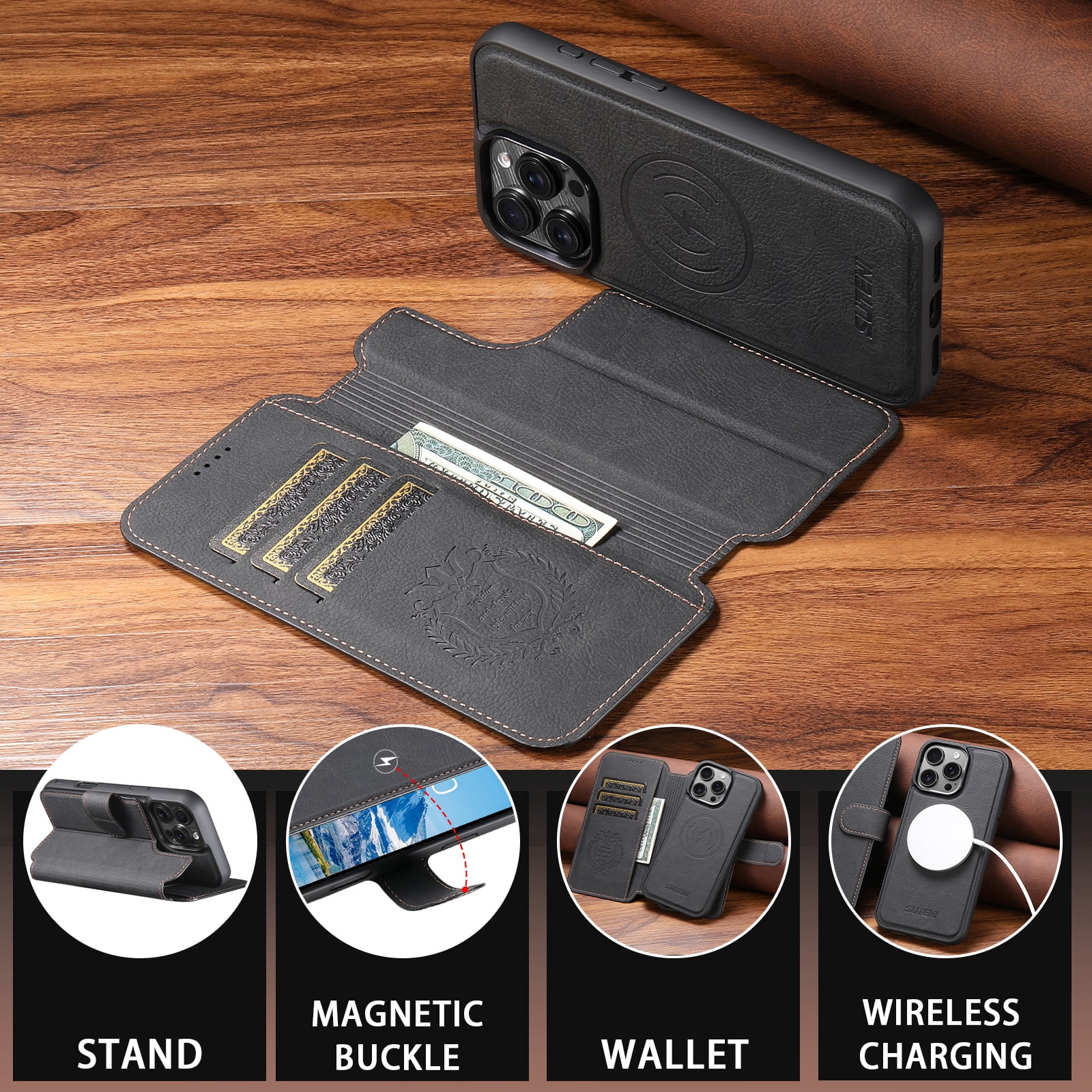 For iPhone 15 Pro Max Wallet Phone Case,Magnetic Detachable PU Leather Flip Design,Compatible with Mag-Safe,With Card Slots,Kickstand,Magnetic Closure Shockproof Anti-Fall Rugged Phone Case,Black