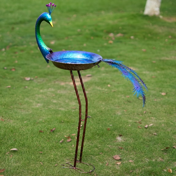 12.8"W x 38.2"H Metal Peacock Bird Bath - Multicolor, with Seed Tray & Drinker Plate. Sturdy, No Electricity. Outdoor Garden/Lawn Decor, Elegant Feather Design