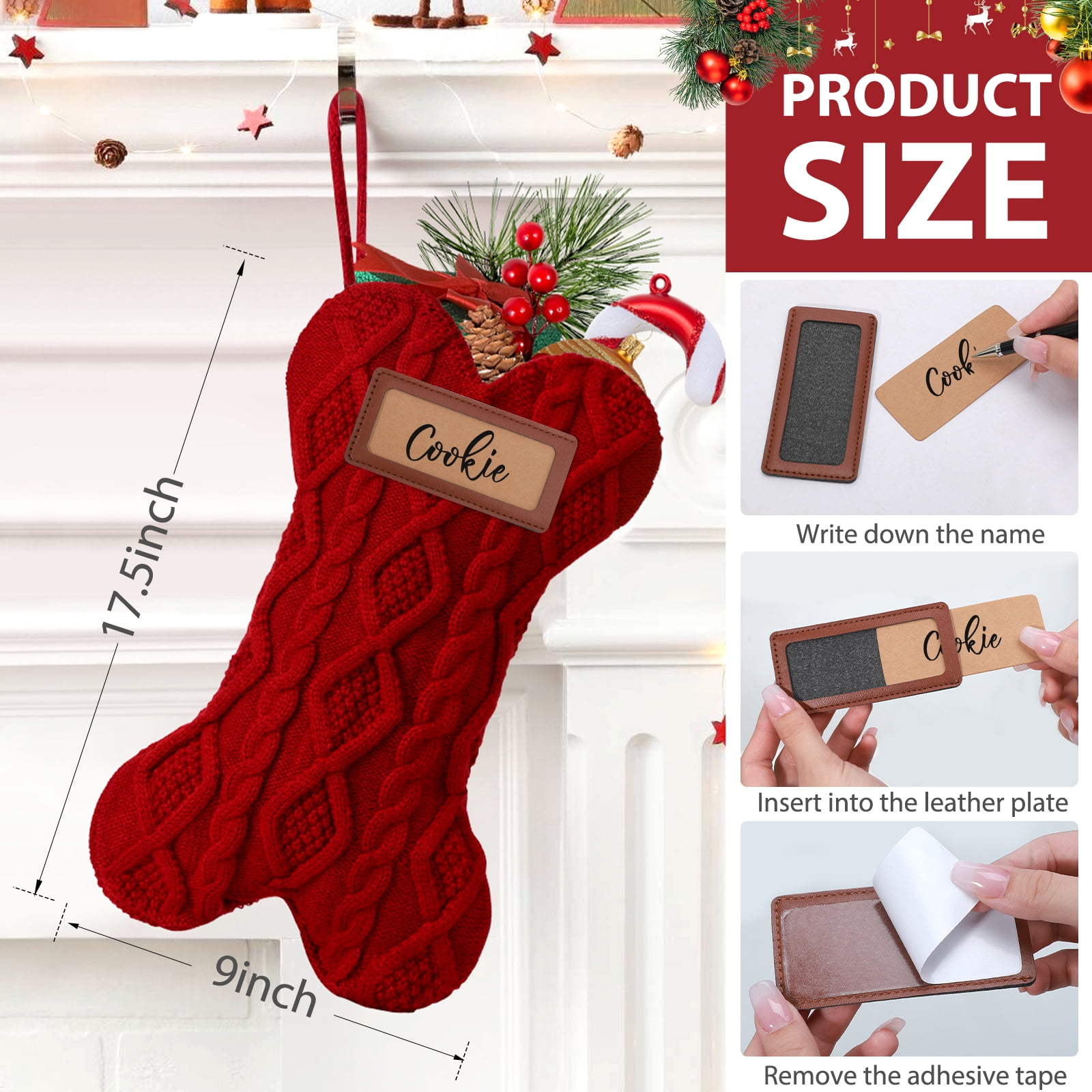 Ayieyill 18 Inch Dog Christmas Stocking, Bone Shape Stocking Christmas for Dog, Large Pet Stockings Hanging Christmas Decorations (Red)