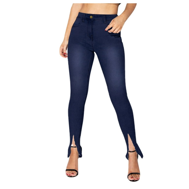 haxmnou women's button high waist slim band micro pants hole jeans trousers  denim pants dark blue xxl