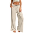 thumbnail image 2 of Nestiefly Womens Casual Linen Wide Leg Pants Flowy Drawstring High Waist Palazzo Beach Vacation Trousers Beige M, 2 of 7