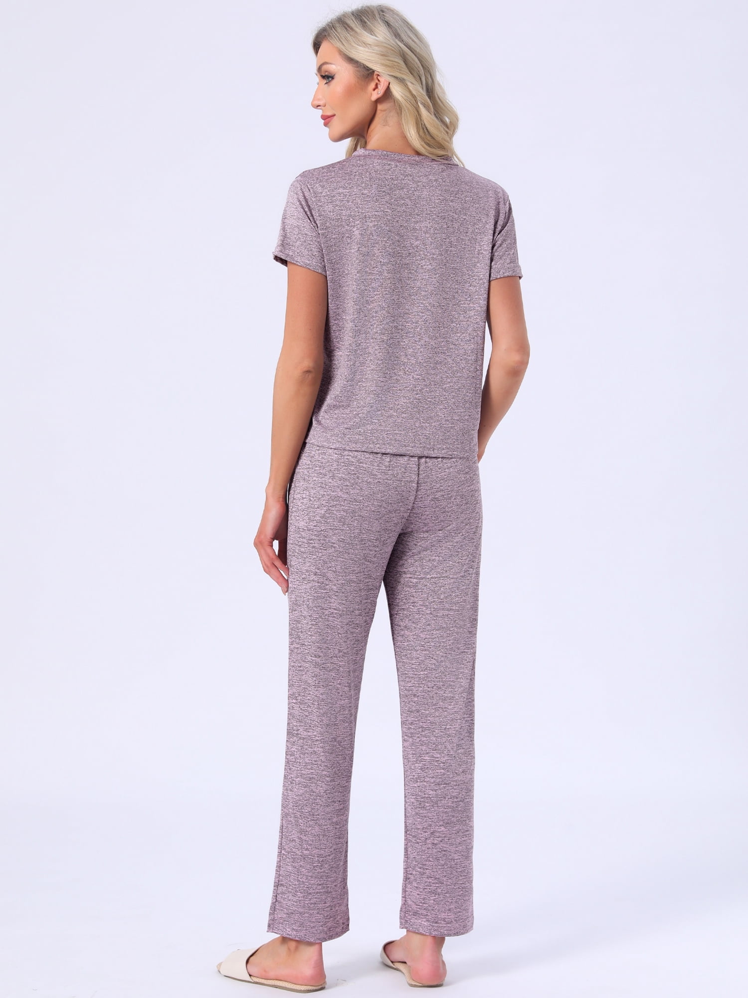DARING DIVA Women's Pajamas Set Short Sleeve V Neck Pullover Top with Pants S Purple