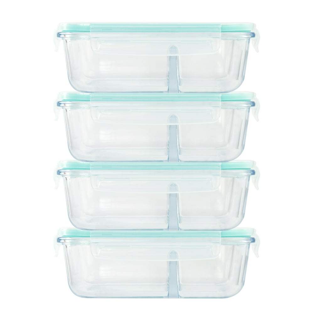 4 Pack Healthy School Office Lunch Glass Containers Bowl With 2 Divider and Snap Locking Lid