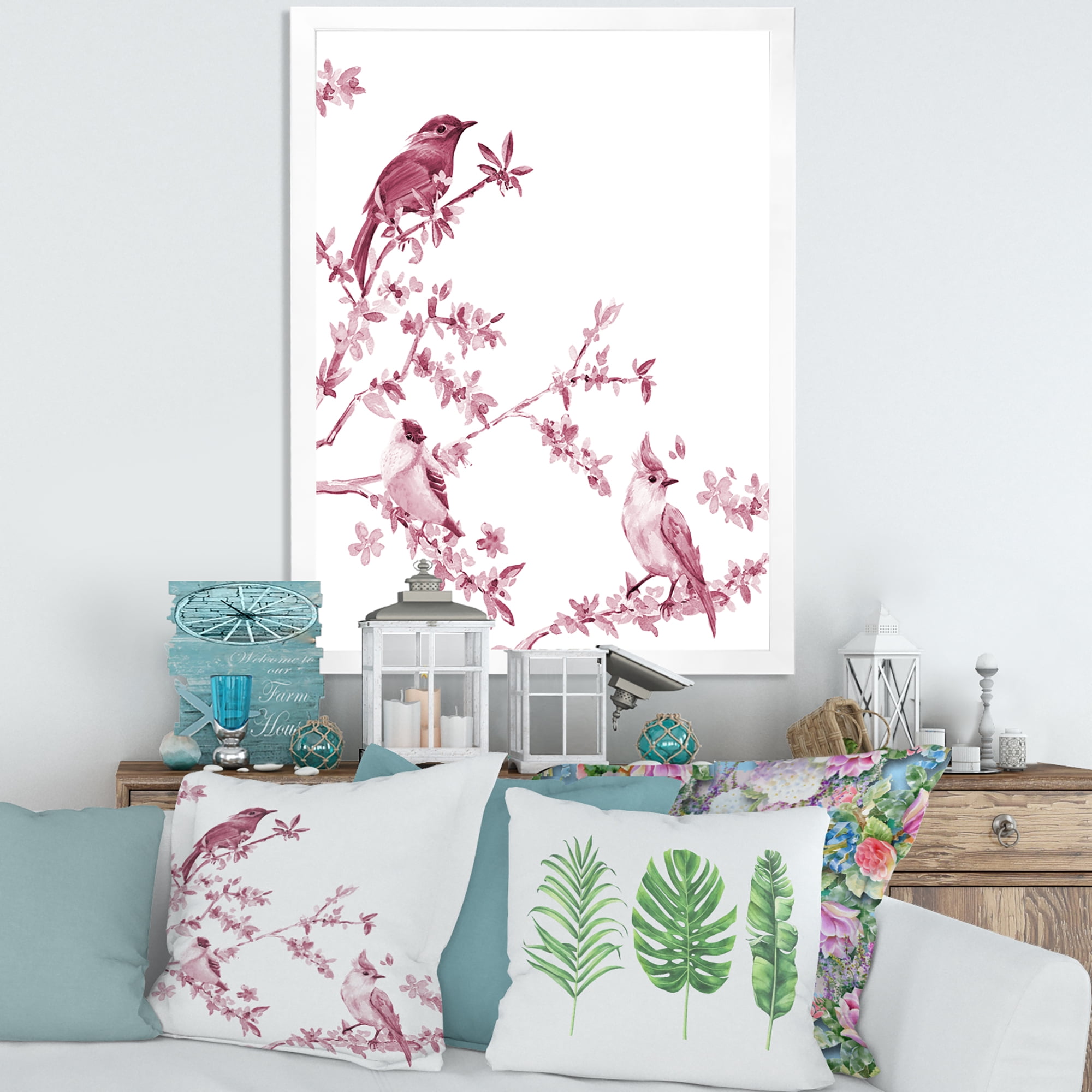 Beautiful Pink Birds Sitting On Flowering Branches 30 in x 40 in Framed Painting Canvas Art Print, by Designart