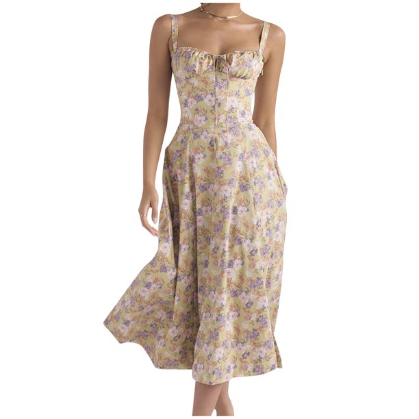 ICHUANYI Clearance Fashion Women Summer Printing V-Neck Sleeveless Loose Sleeveless Suspender Dress(Yellow, M) ICHUANYI WER2023081404057