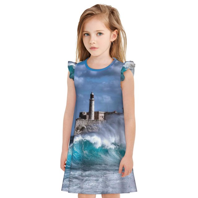 Balery Lighthouse in Havana Camisón de princesa para niñas, pijama de algodón con mangas abullonadas, suave y bonito.-Large