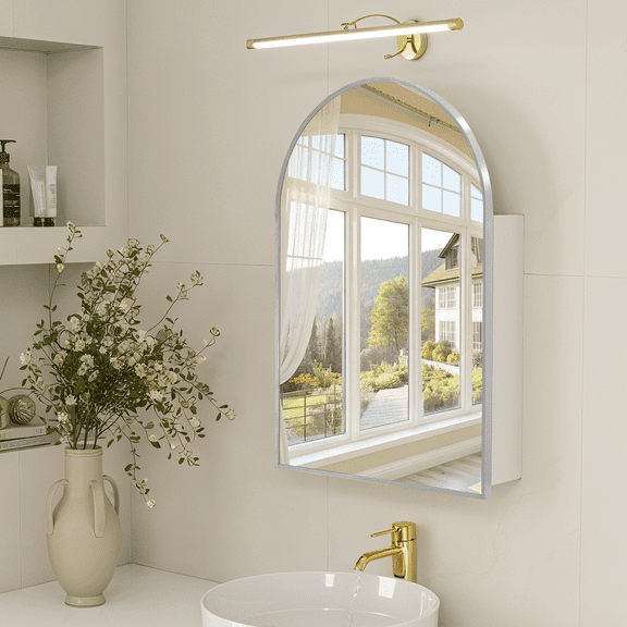 Arched Medicine Cabinet with Mirror,Silver Bathroom Mirrored Medicine Cabinet Organizer,Bath Vanity Mirror with Storage,Aluminum Wall Mount with Adjustable Shelves,20 x30 inch