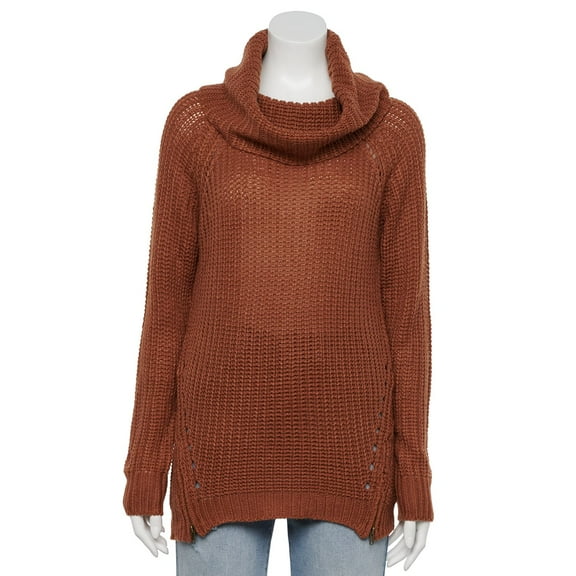MSRP $44 Hippie Rose Juniors' Cowl-Neck Zip-Detail Sweater Brown Size Small