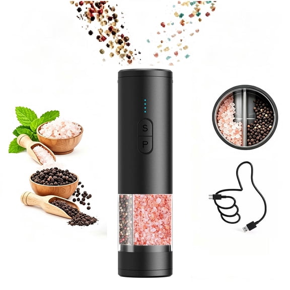 Electric Salt and Pepper Grinder Set, 2 in 1 USB Rechargeable Automatic Mill Shakers with LED Light, Adjustable Coarseness Ceramic Grinder for Kitchen