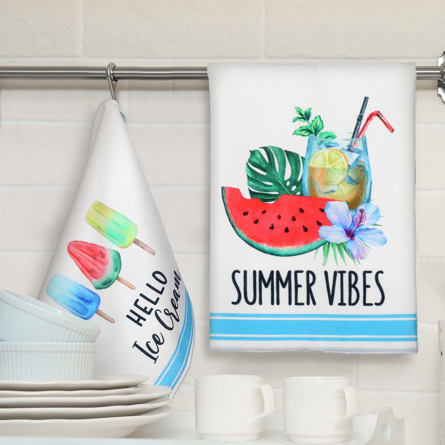 6 Pcs Summer Kitchen Towels Watermelon Gnome Tea Dishtowels 24 x 16 Inch Farmhouse Absorbent Blue White Stripe Hello Summer Hand Bathroom Towels for Kitchen Bathroom Decor