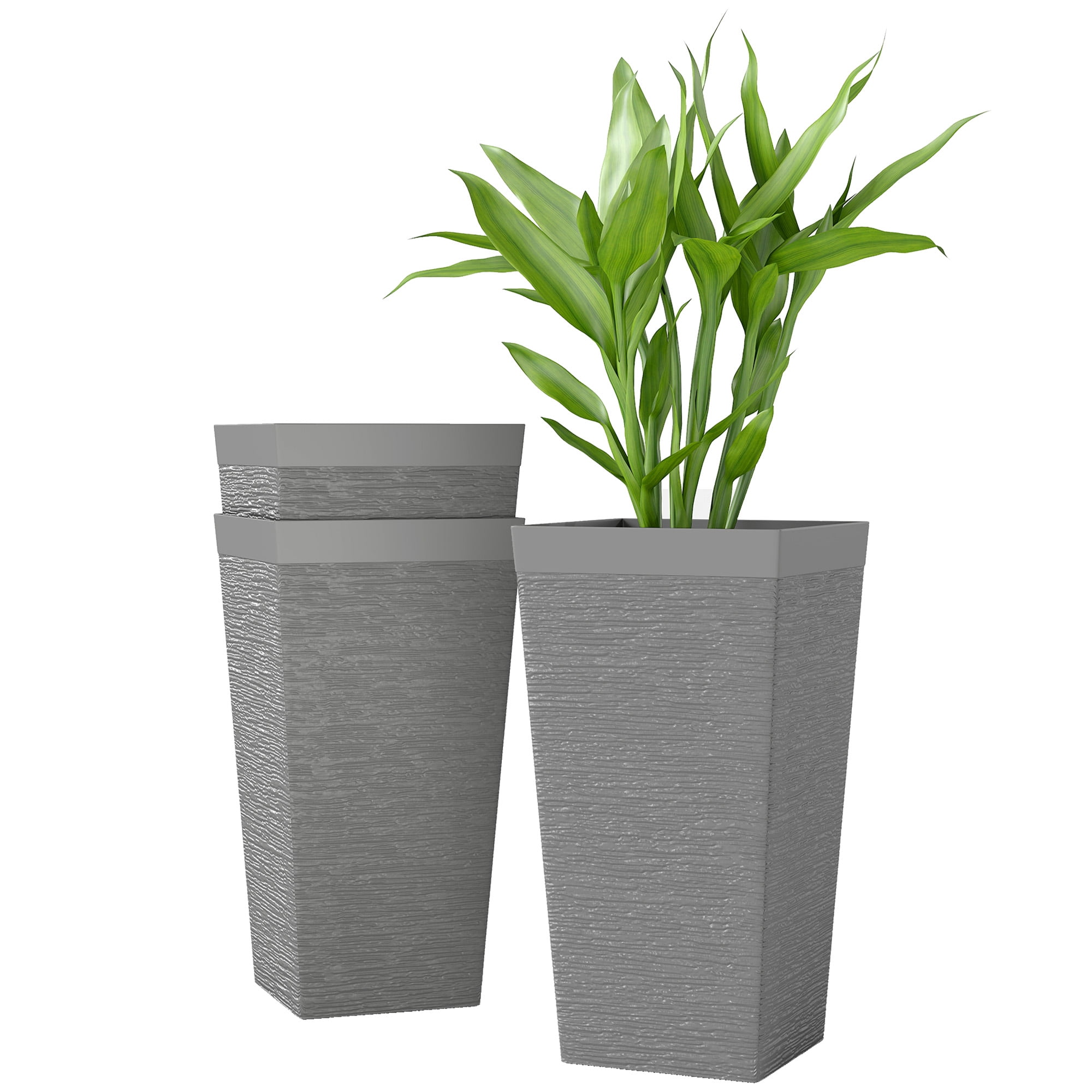 Outsunny 22.8 Inch Outdoor Planters, Set of 3 Plastic Flower Pots with Stone Finish and Wheels, Stackable Tapered Planters with Drainage Hole, Gray