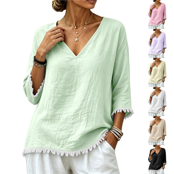 Qzwdhjm Linen 3/4 Sleeve Tops for Women V Neck Loose Fit Shirts with Frayed Hem Summer Fall Casual Blouses for Dailywear