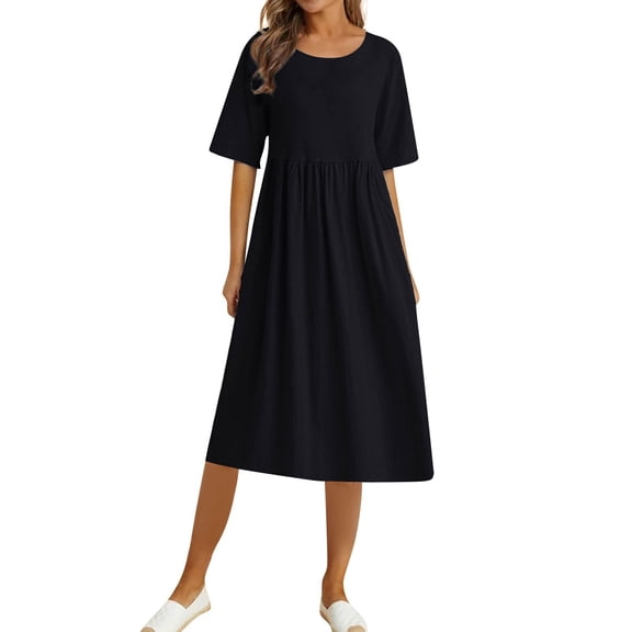 Women's Summer Casual Solid Color Loose Cotton Linen Long Dress Crew Neck Short Sleeve Flowy Pleated Waist Mid Length Dress