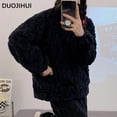 thumbnail image 5 of DUOJIHUI-Conjunto de ropa de dormir de franela gruesa y cálida para mujer, pijama Simple de manga larga con cremallera, en 7 colores, a la moda, color negro, Invierno, 5 of 5
