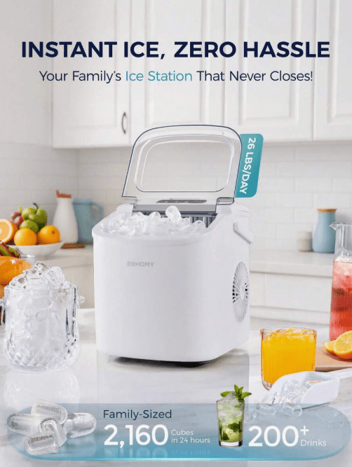 EHOMY Countertop Ice Maker Machine With Handle, 26lbs Per Day, 9 Ice Cubes Ready In 6 Mins, Auto-Cleaning Portable Ice Maker With Basket And Scoop, For Home/Kitchen/Camping/RV (White)
