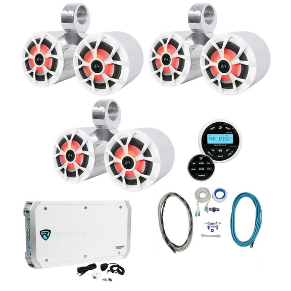 3 Rockville Dual 6.5" Marine Wakeboard LED Speakers Receiver Amplifier Amp Kit