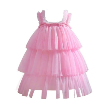 

Toddler Kids Girls Dress Solid Color Sleeveless O-Neck Princess Summer Pink Layered Puffy Birthday Party Sundress Soft Flowy Dresses
