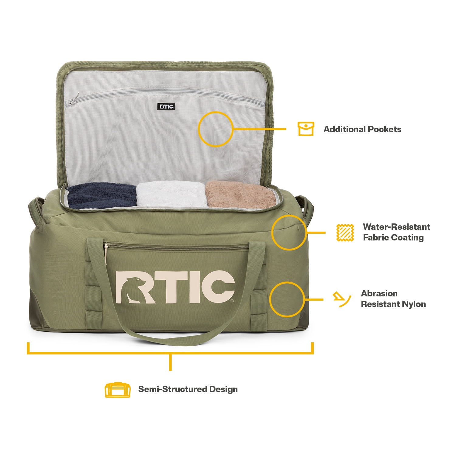 RTIC Road Trip Duffle Bag, Large, Water Resistant, Durable Fabric, Olive & Beach