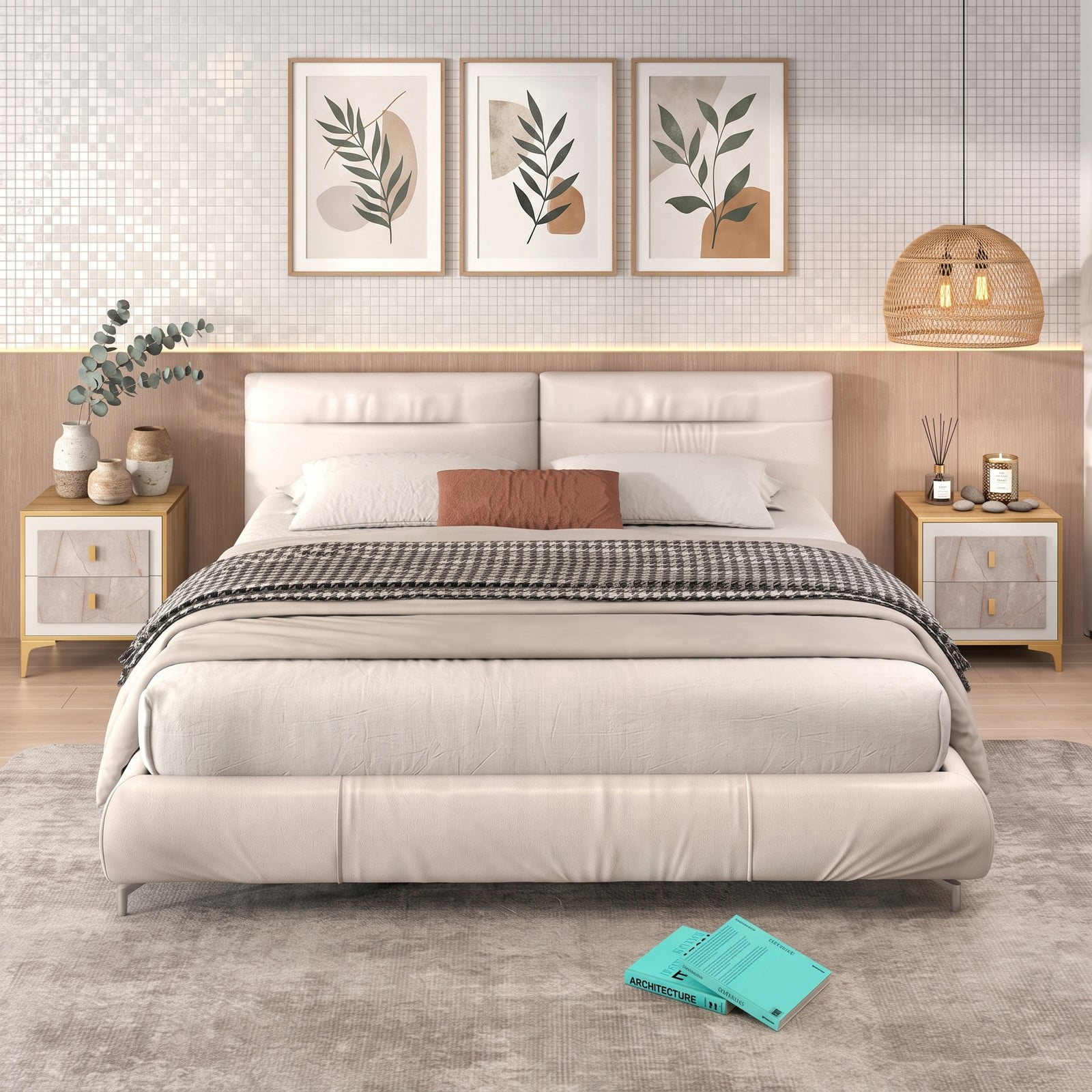 Furnibear Nightstand with 2 Pull-out Drawers and Metal Legs, Modern Bedside Table with Marble-pattern Fronts for Bedroom and Living Room, Natural