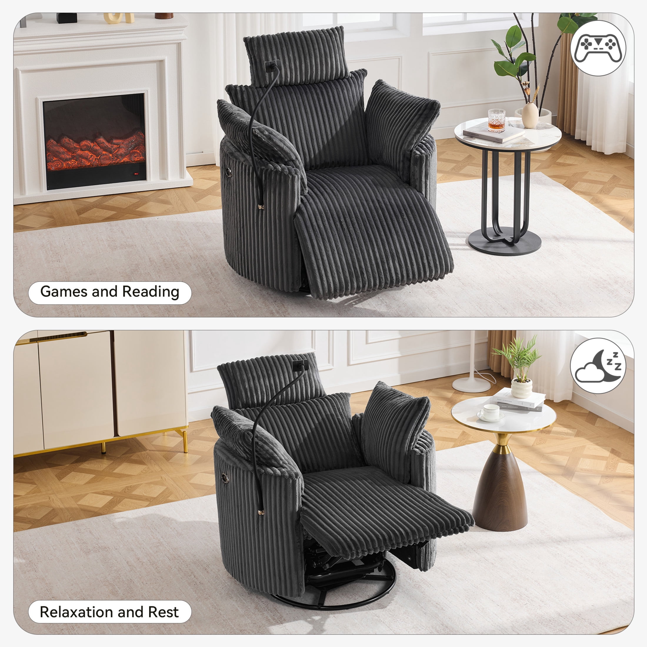 Noble House Sigrid 210° Swivel Rocking Recliner Chair, Electric Power Adjustable Corduroy Armchair with USB, Gray