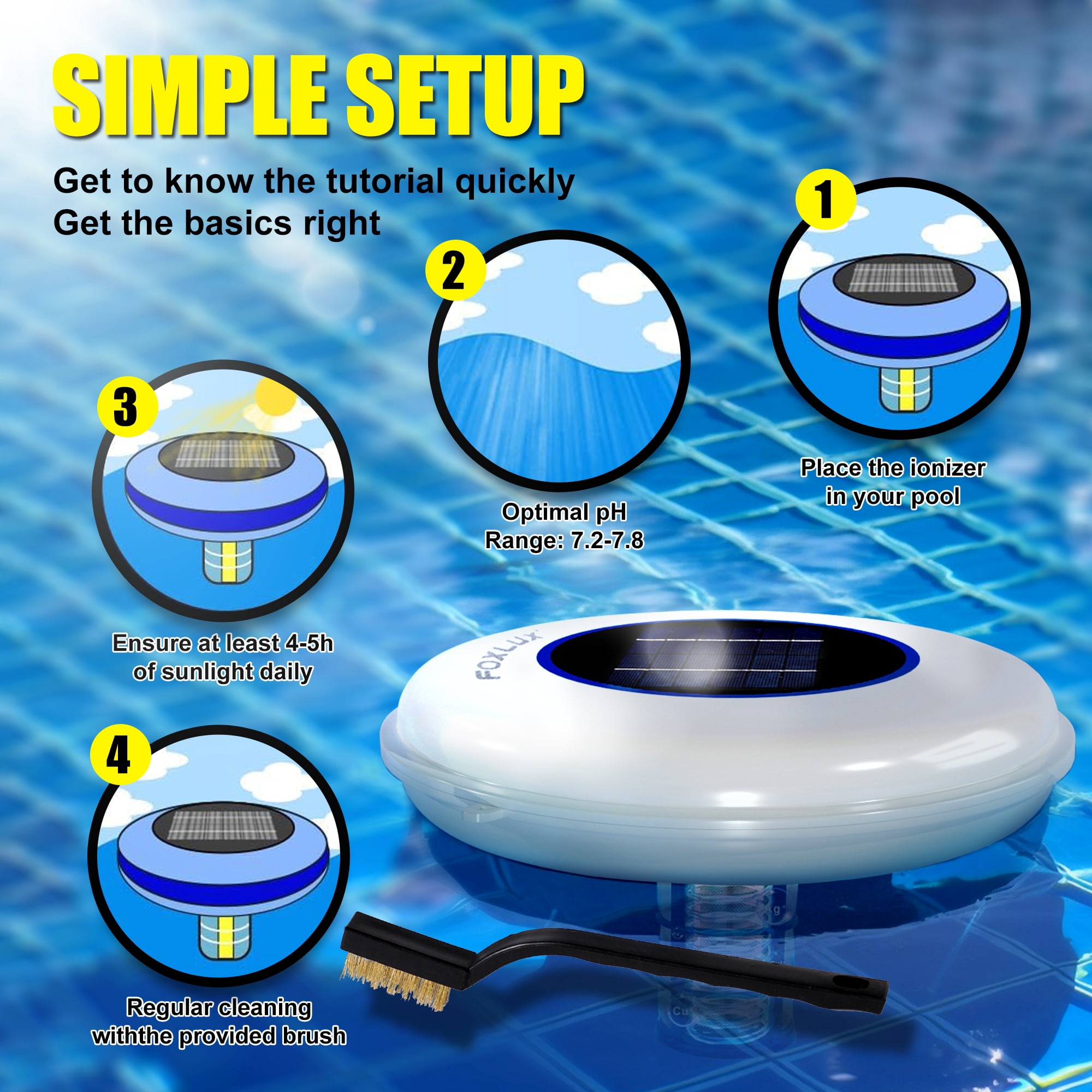 FOXLUX Solar Pool Cleaner & LED RGB Floating Light with Copper Ionization, Solar Powered for Crystal Clear Water, Up to 35,000 Gallons, for Fresh & Salt Water Pools & Spas