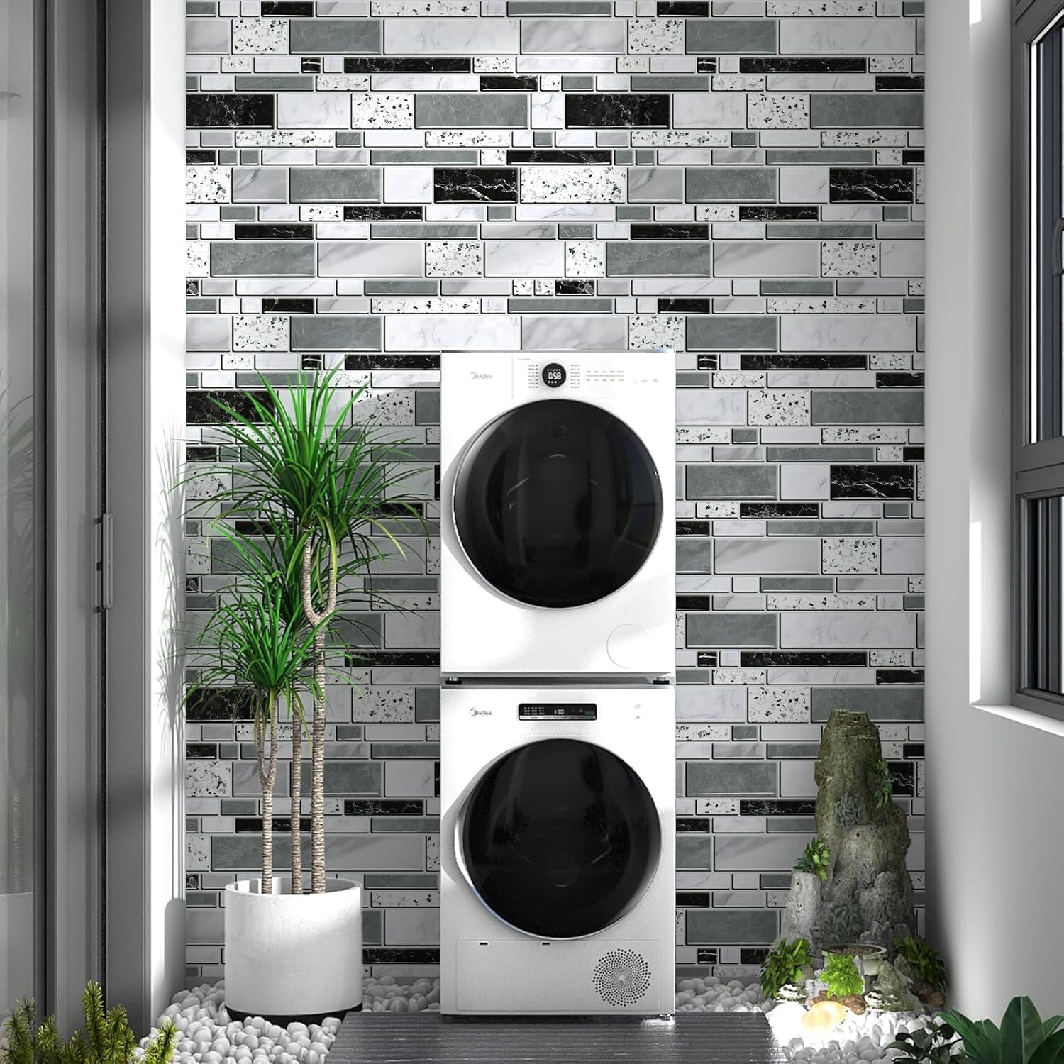 DAZLUT Brick Wallpaper Self-Adhesive Peel and Stick Wallpaper Black and Gray Waterproof and Removable Contact Paper for Home Decoration and Furniture Renovation, 17.7"x 394"