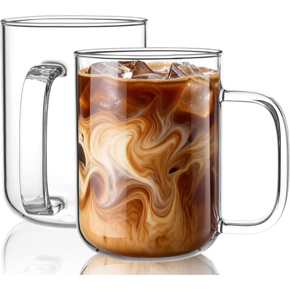 Glass Coffee Mugs, 20 oz Ice coffee cups, Large Clear Tea Cups Set of 2, Mugs with Handles, for Latte, Cappuccino, and