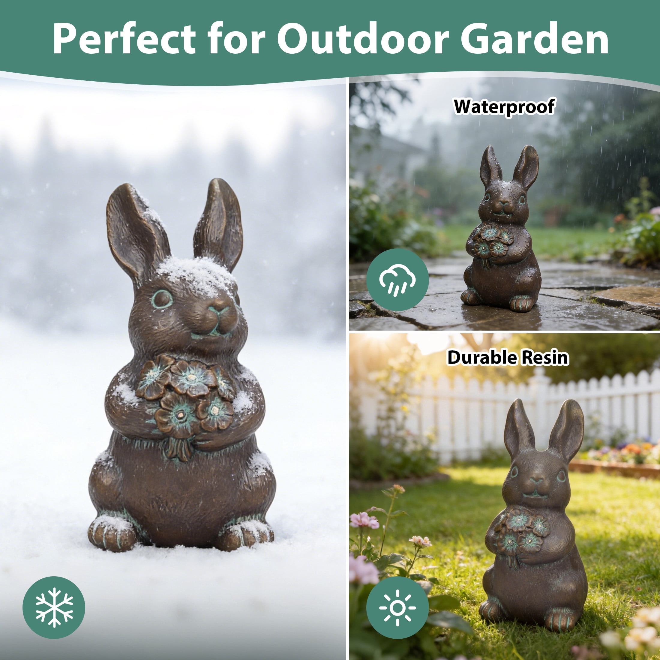 The Growing Ground Solar Bunny Garden Statue with LED Light, Outdoor Resin Rabbit Decor for Lawn, Patio, Bronze