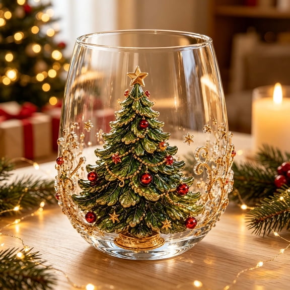 3D Christmas Glass Art Cup, Elegant Christmas Tree Pattern Drinking Cup, Clear Stemless Glass for Coffee Tea Juice Holiday Celebration