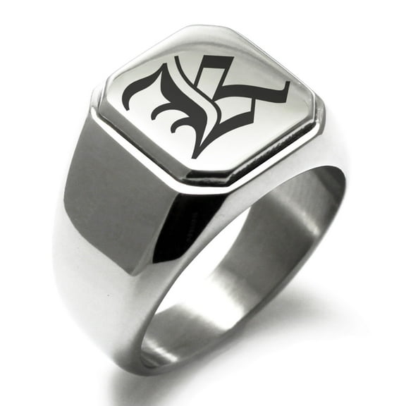 Stainless Steel Letter K Initial Old English Monogram Engraved Engraved Square Flat Top Biker Style Polished Signet Ring
