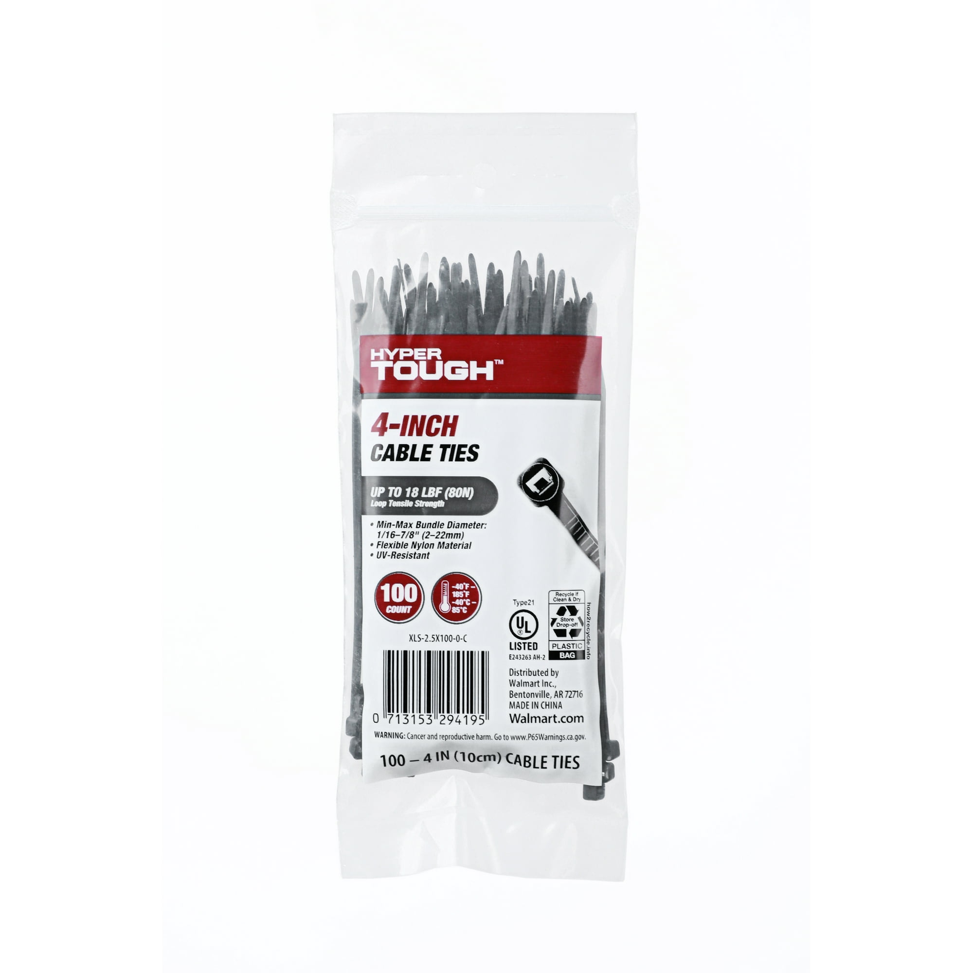 Hyper Tough Cable Ties, 4 in, Black, UV Resistant, 100 Count