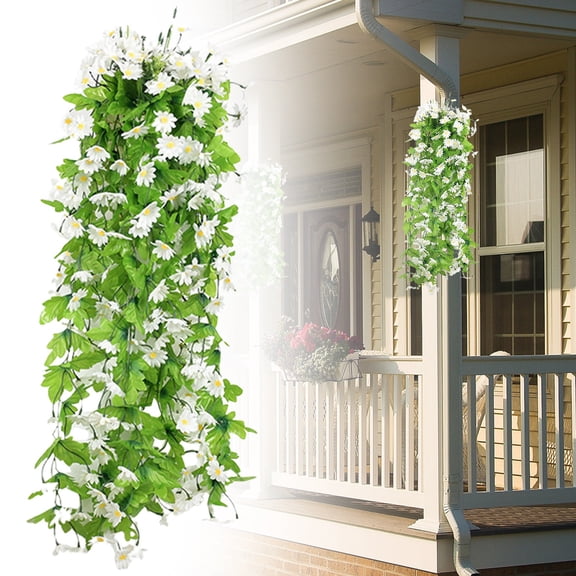PLJFXXM 1Pcs Artificial Hanging Flowers for Outdoor Decoration Fake Hanging Plants Faux White Flowers Artificial UV Resistant Plastic Greenery Vines Ivy for Outdoor Indoor Garden Party Decor（White）