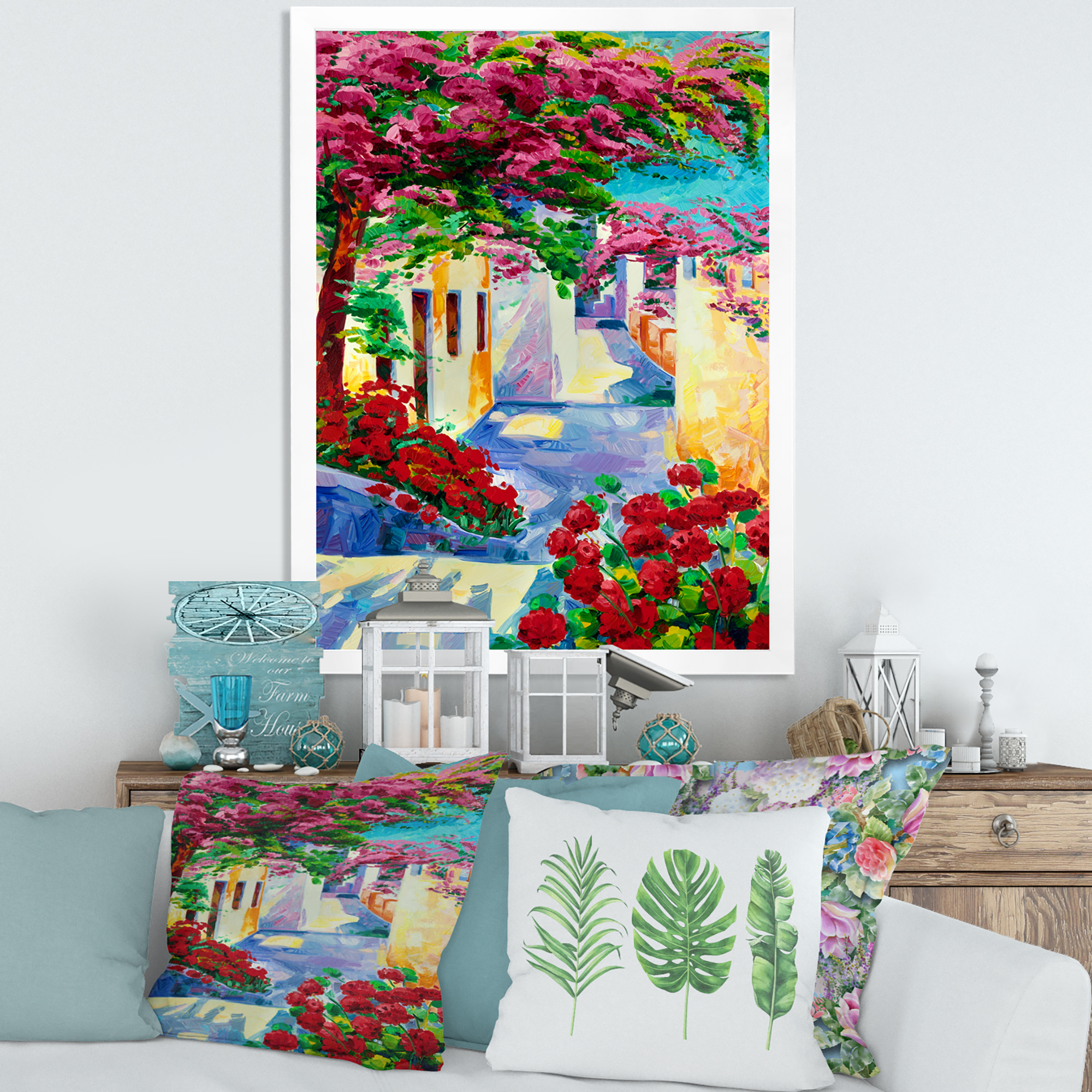 Designart 'Colorful Traditional Santorini Houses Among Flowers' Nautical & Coastal Framed Art Print