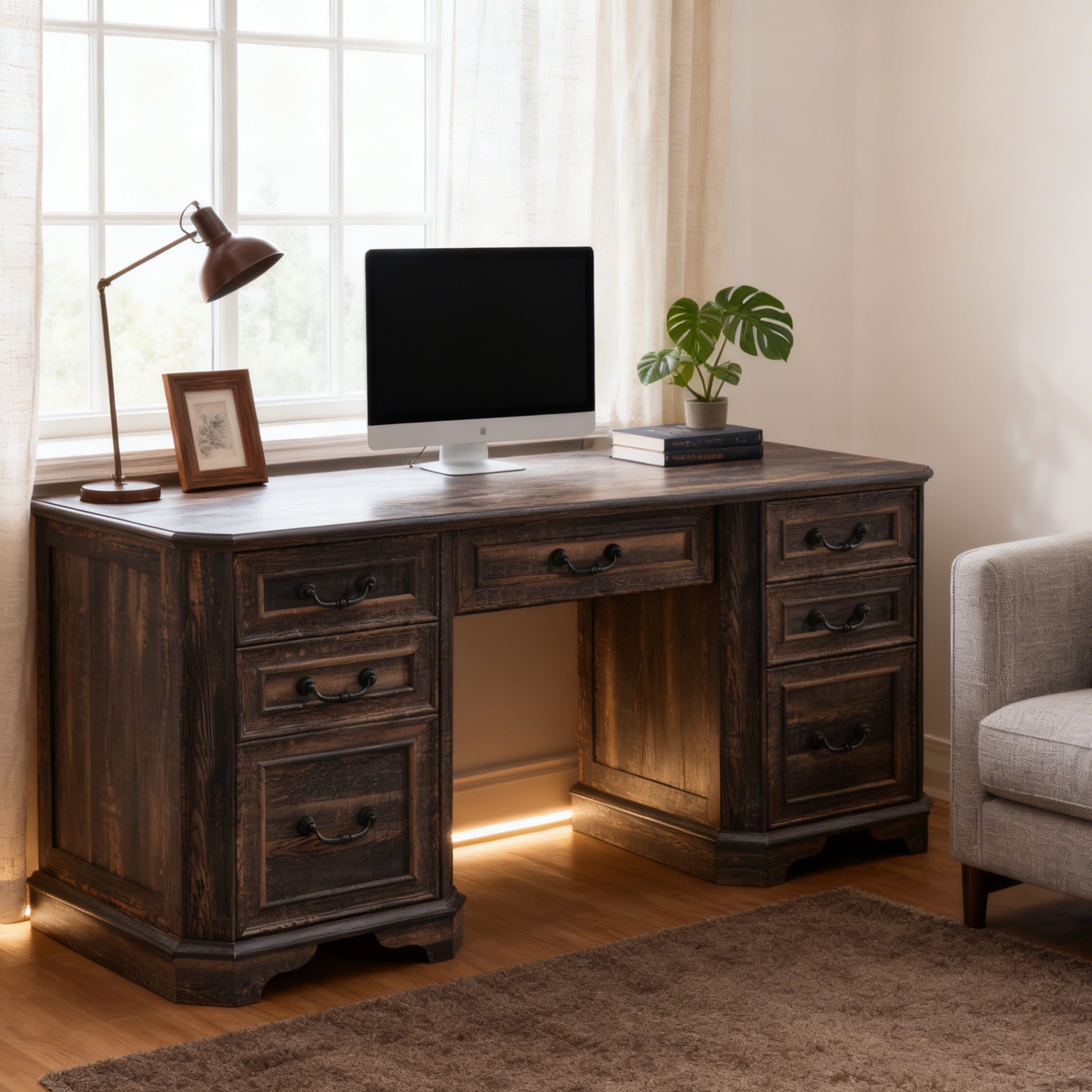 OKD 59" Farmhouse Office Desk，Rustic Desk - Engineered Wood，Corner Desk Charging Station，File drawer，For Study & Living Room Use