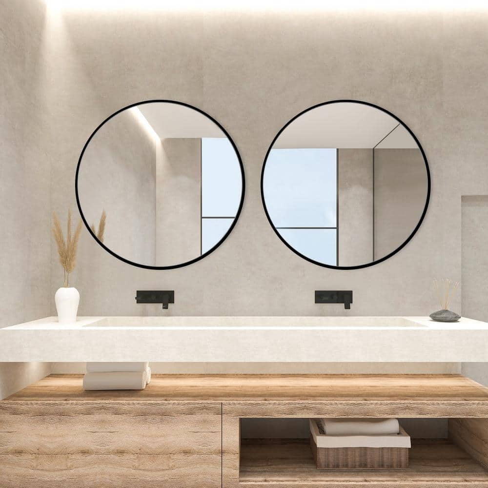 Mirstory 24.5" Round Wall Mirror Bathroom Mirror Wall Mounted Mirror with Aluminum Alloy Frame, Black