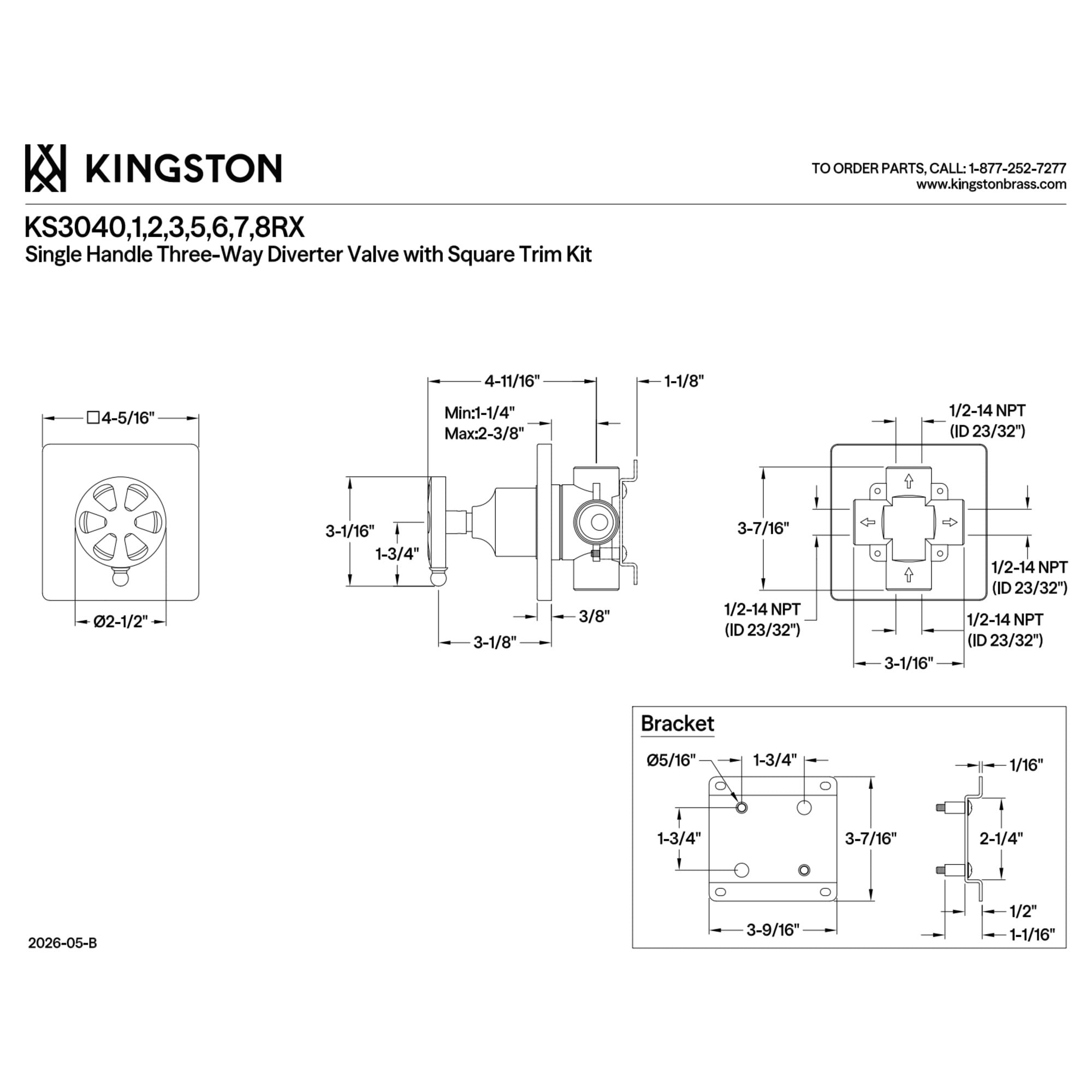 Kingston Brass KS3048RX Belknap Single-Handle Three-Way Diverter Valve with Square Trim Kit in Brushed Nickel