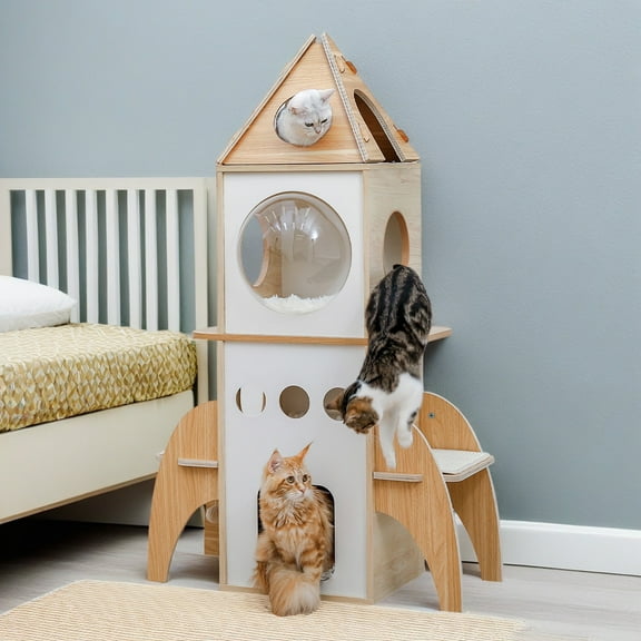 Pefilos 54" Multi-Level Cat Tower for Indoor, Cat Tree Rocket Shape Condo for Multiple Cats with 3 Condos, Dangling Balls, Attic Perch, Beige