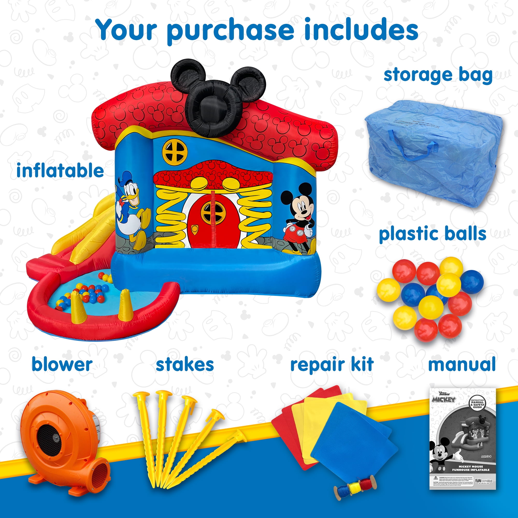 Disney Mickey Mouse Funhouse Outdoor Bounce House with Slide and Ball Pit - Plus Heavy Duty Air Blower with GFCI - Kids Ages 3-8 Years